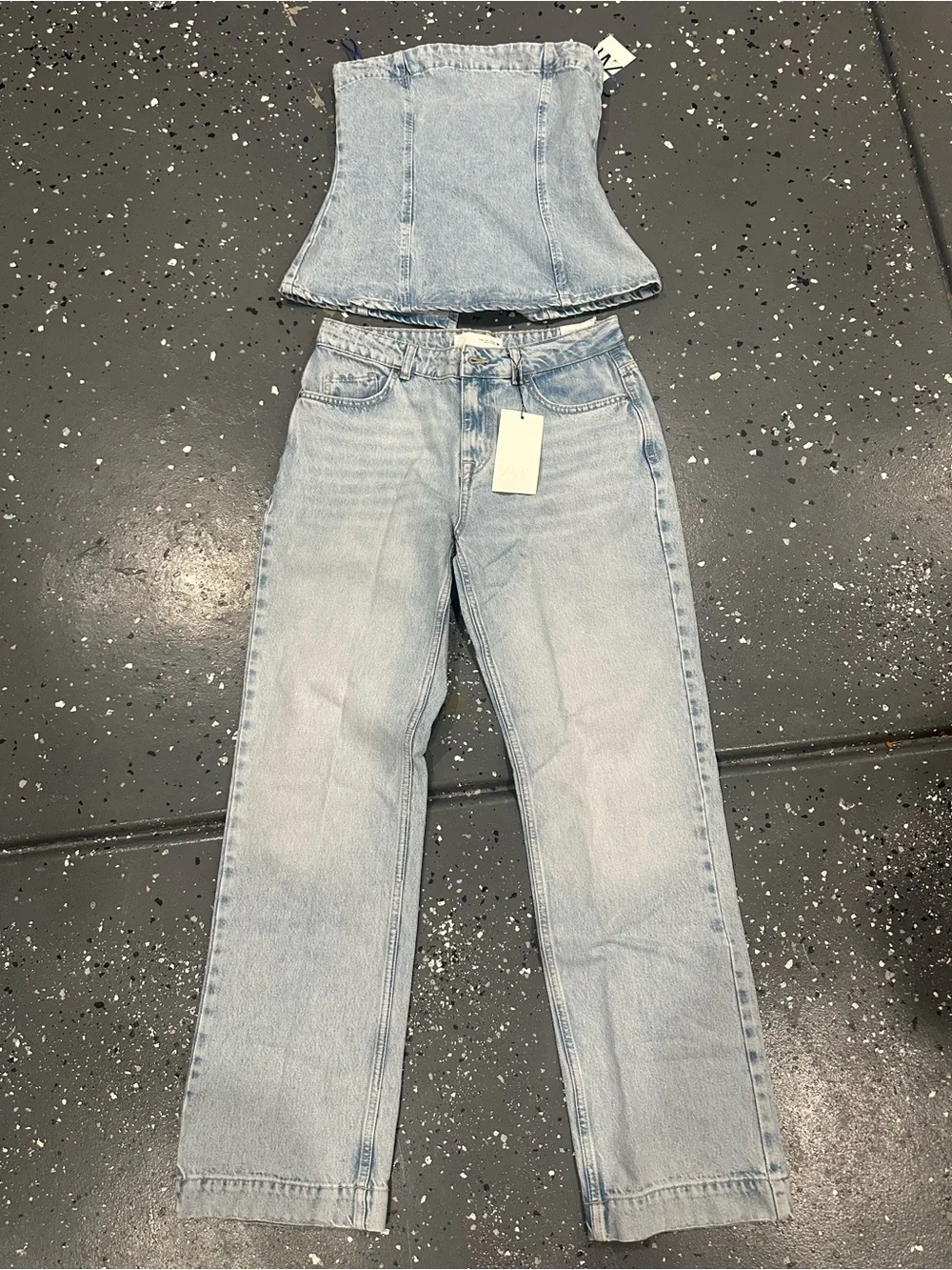 Zara Light Blue Denim Two-Piece: Corset Top & Straight Jeans